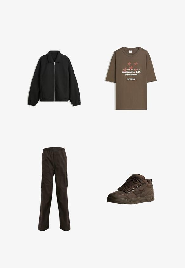 Svart jacka i strukturerad tyg, med full dragkedja framtill, krage och elastiska muddar, med en avslappnad passform och sidofickor.; Brun bomullst-shirt med korta ärmar, prydd med grafisk text och stjärnor i kontrasterande färger. Rakt snitt med rund halsringning.; Bruna cargobyxor med resårmidja, sidofickor och löst sittande passform. Tillverkade av ett hållbart tyg med en slät yta.; Bruna sportskor gjorda av slät syntetiskt material. Har tjocka snören, meshlinjer, vadderad krage och texturerad gummisula.