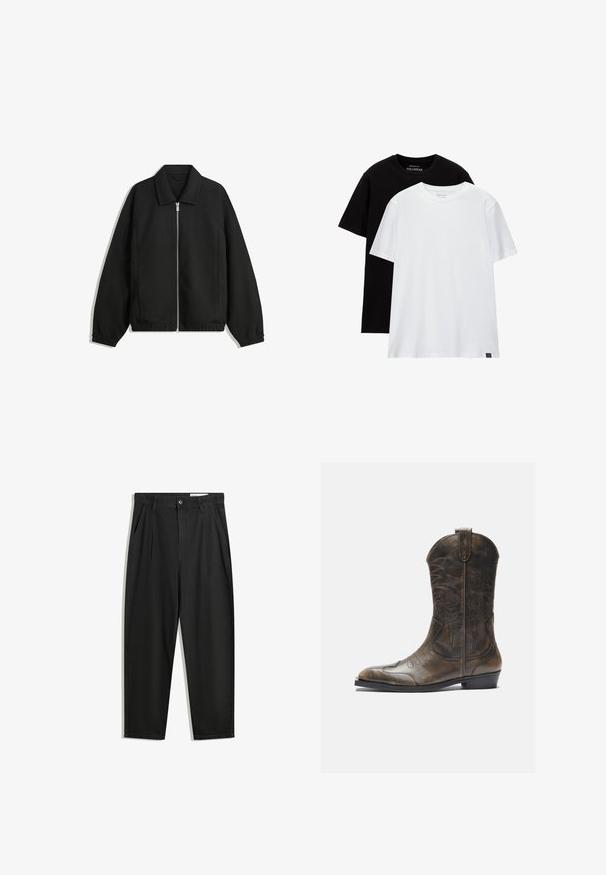 Čierna bunda vyrobená z textúrovaného materiálu, s plným predným zipsom, golierom a elastickými manžetami, so voľnejším strihom a bočnými vreckami.; Dve tričká so štandardným strihom, jedno čierne a jedno biele, vyrobené z bavlny. Každé má okrúhly výstrih a krátke rukávy. Jednoduchý dizajn, bez vzorov.; Čierne bavlnené nohavice s voľným strihom, s klasickým pásom, prednými záhybmi a bočnými vreckami. Hladká textúra bez vzorov.; Hnedá kožená kovbojská topánka s vysokým ťahom, špicatou špičkou, zložitými vyšívacími vzormi a malým opätkom. Textúrovaný povrch po celom obvode.