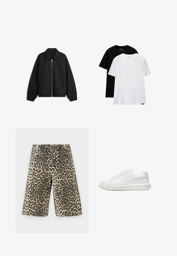 Crna jakna izrađena od teksturirane tkanine, s punim prednjim zatvaračem, ovratnikom i elastičnim manžetama, opuštenog kroja i bočnim džepovima.; Dva obična majice regularnog kroja, jedna crna i jedna bijela, izrađene od pamuka. Svaka ima okrugli izrez i kratke rukave. Jednostavan dizajn, bez uzoraka.; Džins šorce s uzorkom leoparda koji se pretežno sastoji od svijetlosmeđih, crnih i bež nijansi, sa pet džepova i ravnim krojem.; Bijela tenisica s glatkim sintetičkim gornjim dijelom, okruglim vrhom, ravnim vezicama, teksturiranim potplatom i složenim, platformastim dizajnom za dodatnu visinu.