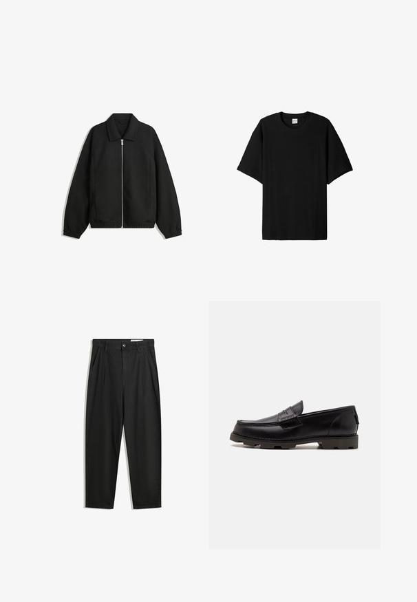 Crna jakna izrađena od teksturirane tkanine, s punim prednjim zatvaračem, ovratnikom i elastičnim manžetama, opuštenog kroja i bočnim džepovima.; Crna rebrasta kratka majica s kratkim rukavima i okruglim izrezom, s opuštenim krojem i teksturiranom površinom. Jednostavan dizajn; bez grafika ili akcenta.; Crne pamučne hlače s opuštenim krojem, s klasičnim pojasom, prednjim nabranjima i bočnim džepovima. Glatka tekstura bez uzoraka.; Crne kožne mokasine s okruglim vrhom, dekorativnim šavovima i teksturiranim potplatom za prianjanje. Lagano povišena peta.