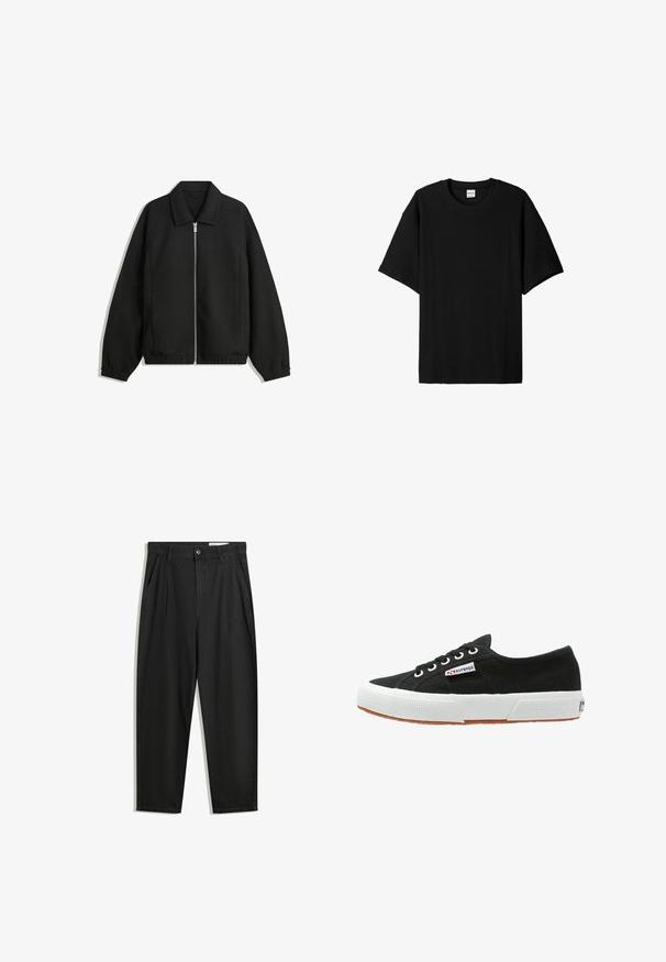 Musta takki, joka on valmistettu teksturoidusta kankaasta ja jossa on koko etuvetoketju, kaulus ja joustavat hihansuut. Takissa on rento istuvuus ja sivutaskut.; Musta ribbitty lyhythihainen t-paita, jossa on pyöreä kaula-auko ja rento istuvuus sekä teksturoitu pinta. Yksinkertainen muotoilu; ei grafiikoita tai korostuksia.; Mustat puuvillahousut rentoa mallia, joissa on klassinen vyötärö, etukangastukset ja sivutaskut. Sileä pinta ilman kuvioita.; Mustat tennarit, joissa on valkoinen kumipohja ja ruskea kumipohja. Ominaisuuksiin kuuluvat pyöreä kärki, nauhalla suljettava malli ja pieni logotagi sivussa.