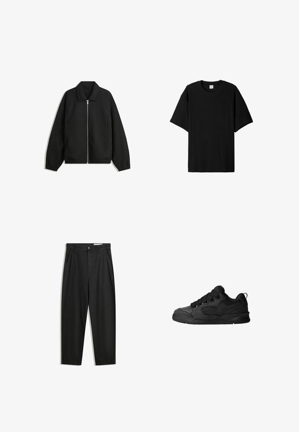 Musta takki, joka on valmistettu teksturoidusta kankaasta ja jossa on koko etuvetoketju, kaulus ja joustavat hihansuut. Takissa on rento istuvuus ja sivutaskut.; Musta ribbitty lyhythihainen t-paita, jossa on pyöreä kaula-auko ja rento istuvuus sekä teksturoitu pinta. Yksinkertainen muotoilu; ei grafiikoita tai korostuksia.; Mustat puuvillahousut rentoa mallia, joissa on klassinen vyötärö, etukangastukset ja sivutaskut. Sileä pinta ilman kuvioita.; Mustat tennarit, joissa on teksturoitu päällyspinta, nauhat, verkkokohdat hengittävyyttä varten, pehmeä kaulus ja kestävä pohja.