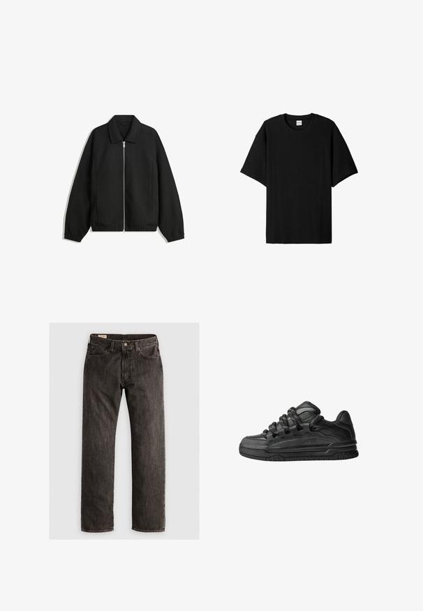 Musta takki, joka on valmistettu teksturoidusta kankaasta ja jossa on koko etuvetoketju, kaulus ja joustavat hihansuut. Takissa on rento istuvuus ja sivutaskut.; Musta ribbitty lyhythihainen t-paita, jossa on pyöreä kaula-auko ja rento istuvuus sekä teksturoitu pinta. Yksinkertainen muotoilu; ei grafiikoita tai korostuksia.; Suorat mustat farkut, joissa on nappi- ja vetoketjusulku, etu- ja takataskut sekä vyölenkit.; Mustat tennarit, joissa on sileä nahkapinta, teksturoituja yksityiskohtia ja pyöreät musta-valkoiset nauhat. Paksu kumipohja, jossa on kuvioitu pinta.