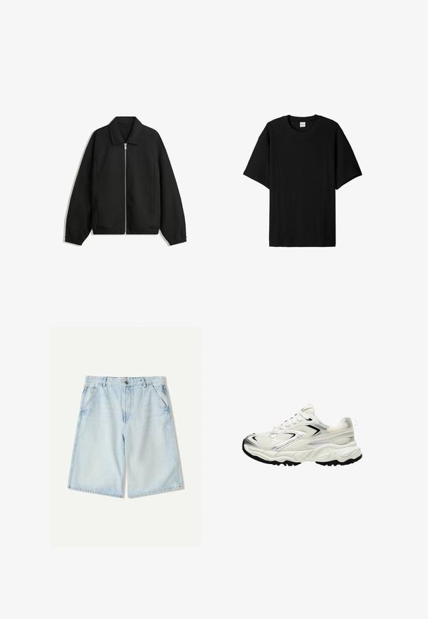 Fekete kabát texturált anyagból, teljes elöl cipzárral, gallérral és rugalmas mandzsettákkal, laza szabással és oldalsó zsebekkel.; Fekete, bordázott, rövid ujjú póló kerek nyakkal, laza szabással és textúrázott felülettel. Egyszerű dizájn; nincsenek rajta grafikák vagy díszítések.; Világoskék farmer rövidnadrág, egyenes szabással, övhurkokkal, öt zsebbel, és enyhe kopással. Klasszikus pamut anyag textúra.; Fehér sneaker hálós felsőrésszel, ezüst kiegészítőkkel, fekete talppal és textúrázott panelek nélkül. Fűzhető kialakítással és kerek orral rendelkezik.
