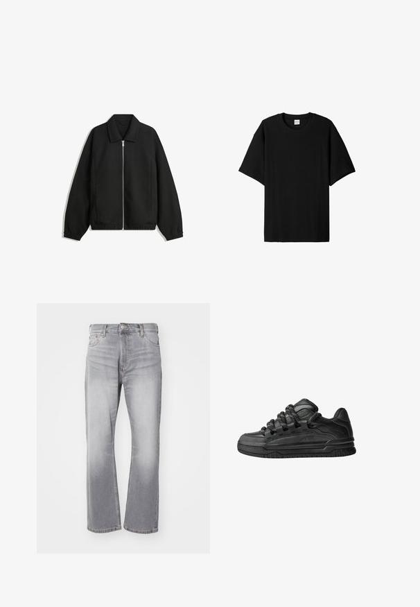 Svart jacka i strukturerad tyg, med full dragkedja framtill, krage och elastiska muddar, med en avslappnad passform och sidofickor.; Svart ribbad kortärmad t-shirt med rund hals, som har en avslappnad passform och texturerad yta. Enkelt design; inga grafik eller accenter.; Grå denimjeans med rak ben-design, subtil blekning och klassisk femfickestil. Har en knapp- och dragkedjestängning.; Svarta sneakers med ovandel i slät läder, texturerade detaljer och runda svarta och vita snören. Tjock gummisula med ett mönstrat mönster.