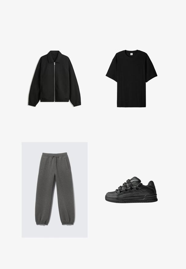 Crna jakna izrađena od teksturirane tkanine, s punim prednjim zatvaračem, ovratnikom i elastičnim manžetama, opuštenog kroja i bočnim džepovima.; Crna rebrasta kratka majica s kratkim rukavima i okruglim izrezom, s opuštenim krojem i teksturiranom površinom. Jednostavan dizajn; bez grafika ili akcenta.; Sive trenerke od mekog materijala, sa pojasom na vezanje, elastičnim manžetama i bočnim džepovima. Pravilan kroj.; Crne tenisice s glatkom kožnom gornjom površinom, teksturiranim detaljima i okruglim crnim i bijelim vezicama. Debeli gumeni potplat s uzorkom.