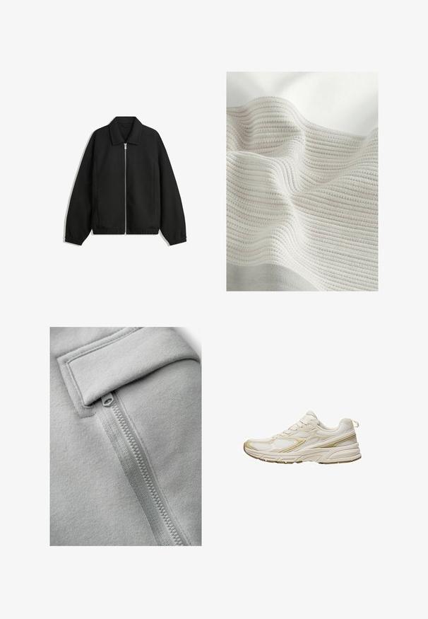 Crna jakna izrađena od teksturirane tkanine, s punim prednjim zatvaračem, ovratnikom i elastičnim manžetama, opuštenog kroja i bočnim džepovima.; Teksturna tkanina s svijetlosivim i bež prugama. Mekani materijal s valovitim izgledom, koji ističe tkanu strukturu i nježne nabore.; Next UTILITY JOGGERS- REGULAR FIT - Cargo hlače - light grey; Bijele sportske cipele napravljene od mrežastog i sintetičkog materijala, s okruglim prstima, mekanim đonom i bež akcentima sa strane.