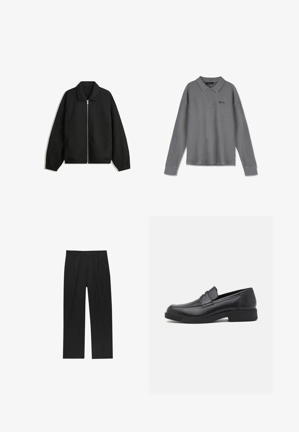 Czarna kurtka z teksturowanej tkaniny, z pełnym zamkiem z przodu, kołnierzem i elastycznymi mankietami, o luźnym kroju i kieszeniach po bokach.; Koszulka polo z długim rękawem w paski w odcieniach szarości. Posiada kołnierzyk, zapięcie na trzy guziki oraz subtelne czarne logo na piersi.; Czarne spodnie o prostym kroju, wykonane z gładkiego materiału. Posiadają zakładki z przodu i pojedyncze zapięcie na guziki w pasie.; Czarne skórzane loafersy z zaokrąglonym noskiem i przeszyciami. Oferują płaską podeszwę oraz lekko podniesiony obcas dla dodatkowej wysokości.