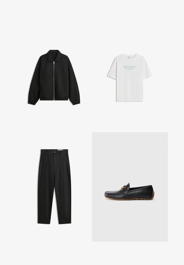 Sort jakke lavet af struktureret stof, med fuld frontlynlås, krave og elastiske mansjetter, i en afslappet pasform og sidelommer.; Hvid bomulds t-shirt med en afslappet pasform, rund hals og lysegrøn tekst: "FRISK LUFT, PLAYLIST, FRI TID, osv..." på fronten.; Sorte bomuldsbukser med en afslappet pasform, der har en klassisk talje, frontfolder og sidelommer. Glat tekstur uden mønstre.; Sorte læder loafers med en rund tå, dekoreret med en guldbuckle og gummisål. Har stikninger på overdelen og siden.