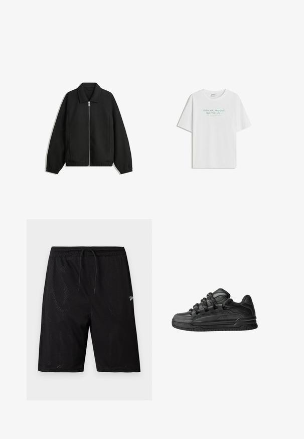 Černá bunda vyrobená z texturované látky, s plným předním zipem, límcem a elastickými manžetami, s volným střihem a bočními kapsami.; Bílý bavlněný tričko s volným střihem, kulatým výstřihem a světle zeleným textem: „ČERSTVÝ VZDUCH, PLAYLIST, VOLNÝ ČAS, atd..." na přední straně.; Černé sportovní šortky z síťoviny s elastickým pasem na šnůrku, s perforovanou texturou a malým bílým logem na dolní pravé straně.; Černé tenisky s hladkým koženým svrškem, texturovanými akcenty a kulatými černobílými tkaničkami. Silná gumová podrážka s vzorovaným dezénem.