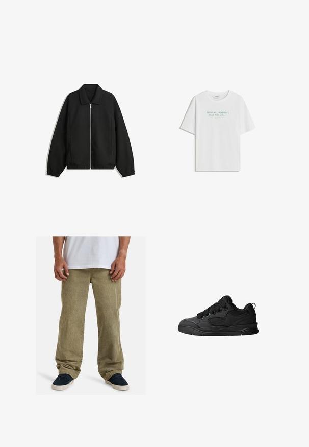 Giacca nera in tessuto texturizzato, con zip frontale a tutta lunghezza, colletto e polsini elasticizzati, dalla vestibilità rilassata e con tasche laterali.; T-shirt bianco in cotone con vestibilità comoda, collo rotondo e testo verde chiaro: "ARIA FRESCA, PLAYLIST, TEMPO LIBERO, ecc..." sul fronte.; Pantaloni in corduroy verde oliva con vestibilità rilassata, caratterizzati da gambe dritte, tasche laterali e una texture visibile grazie al tessuto rigato.; Sneakers neri con una tomaia testurizzata, dotati di lacci, accenti in mesh per la traspirabilità, colletto imbottito e suola robusta.