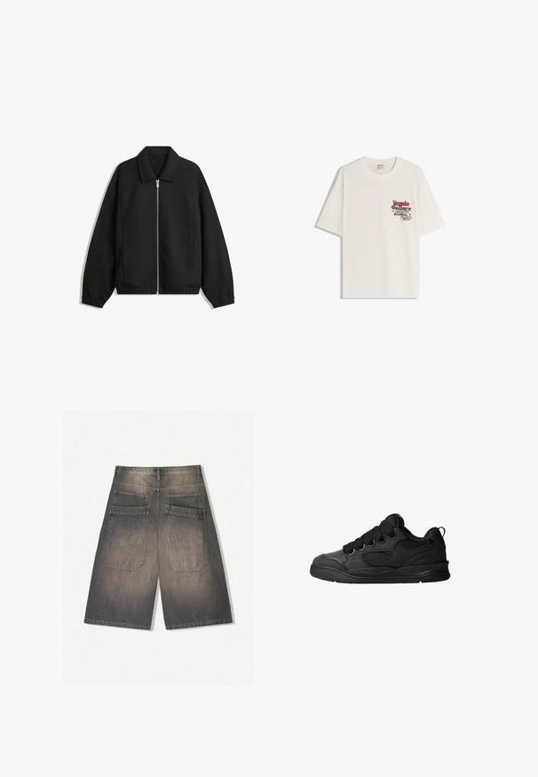 Crna jakna izrađena od teksturirane tkanine, s punim prednjim zatvaračem, ovratnikom i elastičnim manžetama, opuštenog kroja i bočnim džepovima.; Bijela pamučna majica kratkih rukava, s okruglim izrezom. Sadrži tiskanu grafiku u crvenom i crnom tekstu na lijevoj strani prsnog područja.; Tamno sivi traper šortsevi s izblijedjelim završetkom, s dva stražnja džepa i ravnim, širokim nogavicama. Nema vidljive opreme ili ukrasa.; Crne tenisice s teksturiranim gornjim dijelom, sa vezicama, mrežastim detaljima za prozračnost, podstavljenim ovratnikom i čvrstim potplatima.