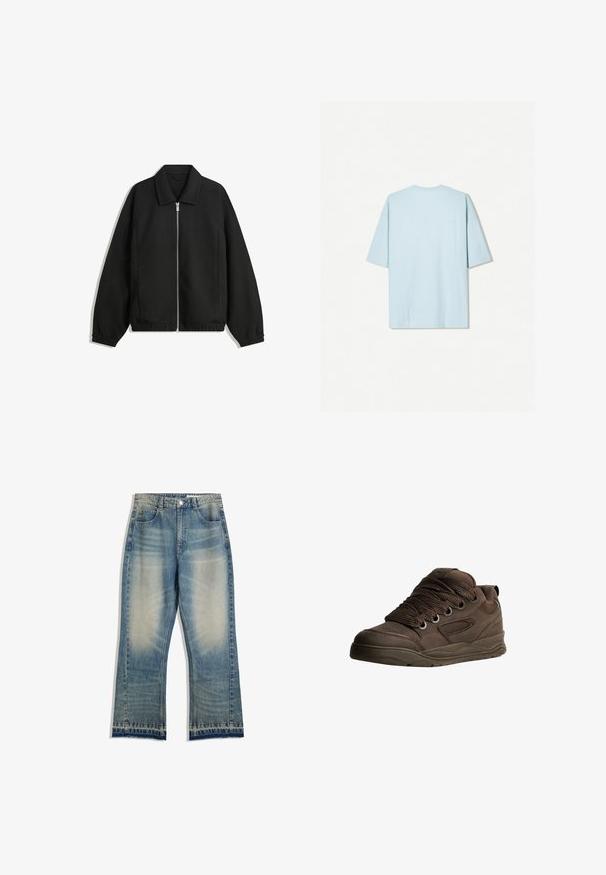 Jachetă neagră dintr-un material texturat, cu fermoar frontal complet, guler și manșete elastice, având o croială lejeră și buzunare laterale.; Tricou din bumbac de culoare albastru deschis, cu guler rotund, mâneci scurte și un design simplu pe spate, care prezintă un mic detaliu cu cusătură orizontală.; Jeansi din denim de culoare bleu deschis, cu un aspect ușor decolorat, tăietură dreaptă, cinci buzunare și detalii cu tiv brut. Fără accente vizibile de metal.; Pantofi sport maro din material sintetic neted. Prezintă șireturi groase, accente din plasă, guler căptușit și talpă din cauciuc texturat.