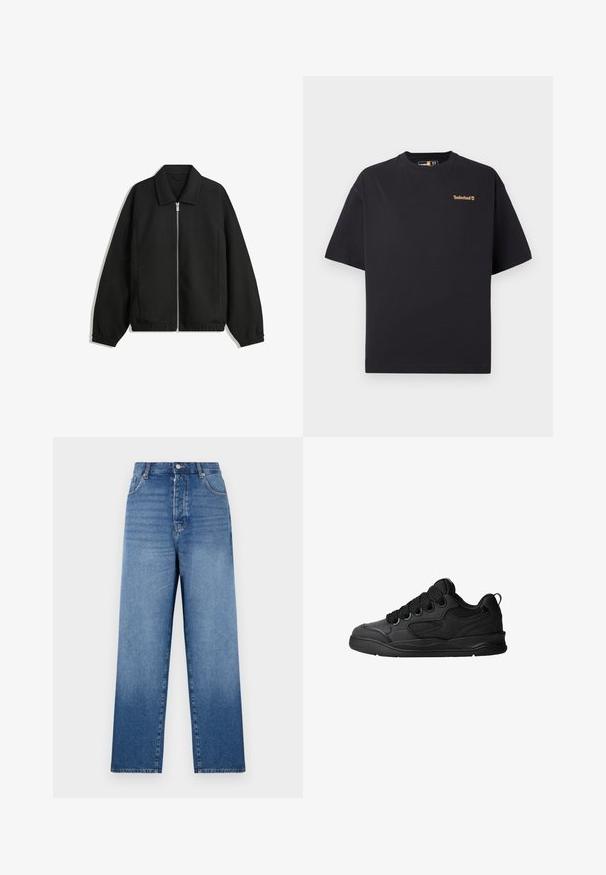 Black jacket made of textured fabric, featuring a full front zip, collar, and elastic cuffs with a relaxed fit and side pockets.; Black short-sleeve crew neck Timberland T-shirt with small tan logo on the upper left chest, displayed on a white background.; Blue denim jeans with a high waist, straight cut, button closure, and five pockets. Features faded wash and visible stitching details.; Black sneakers with a textured upper, featuring laces, mesh accents for breathability, padded collar, and a sturdy outsole.