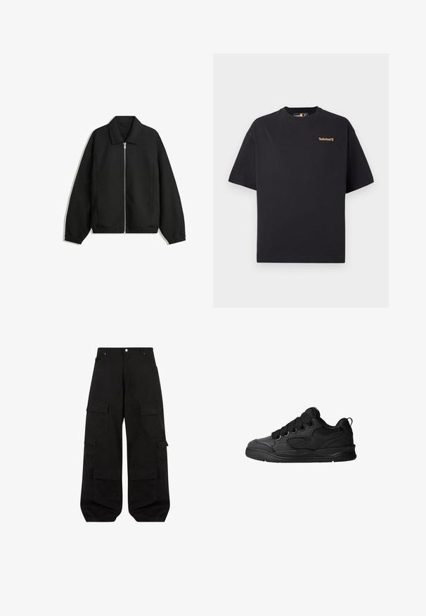 Čierna bunda vyrobená z textúrovaného materiálu, s plným predným zipsom, golierom a elastickými manžetami, so voľnejším strihom a bočnými vreckami.; Čierne tričko Timberland s krátkym rukávom a okrúhlym výstrihom, s malým béžovým logom na hornej ľavej časti hrude, vystavené na bielom pozadí.; Čierne cargo nohavice vyrobené z odolnej bavlny s voľným strihom. Obsahujú viacero úžitkových vreciek a rovný strih nohavíc.; Čierne tenisky s textúrovaným zvrškom, s šnúrkami, sieťovinovými akcentmi pre priedušnosť, polstrovaným golierom a pevnou podošvou.