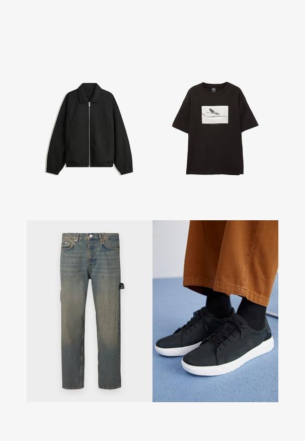 Giacca nera in tessuto texturizzato, con zip frontale a tutta lunghezza, colletto e polsini elasticizzati, dalla vestibilità rilassata e con tasche laterali.; T-shirt nera in cotone con maniche corte, presenta una grafica rettangolare bianca di una mosca su una linea sottile, con un branding minimale sotto l'immagine.; Jeans in denim di colore azzurro chiaro con un effetto sbiadito, design a gamba dritta, cinque tasche e passanti per cintura. Presentano un dettaglio con cinturino laterale.; Sneakers in suede nera con suole in gomma bianca, dotati di un design con lacci, accenti testurizzati e branding sottile, abbinati a pantaloni marroni.