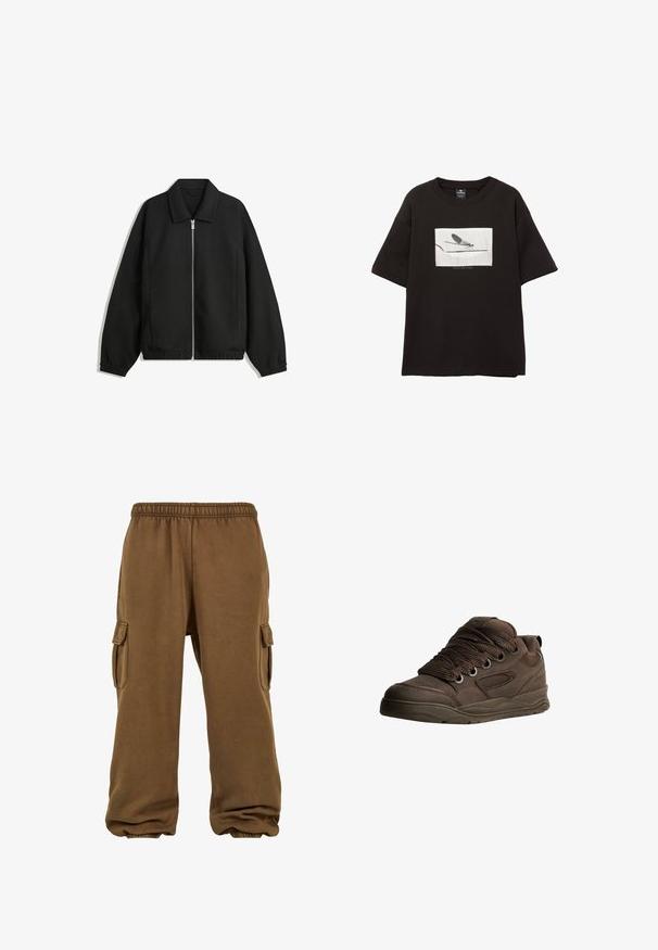 Fekete kabát texturált anyagból, teljes elöl cipzárral, gallérral és rugalmas mandzsettákkal, laza szabással és oldalsó zsebekkel.; Fekete pamut póló rövid ujjakkal, fehér téglalap alakú grafikus mintával egy légyről vékony vonalon, minimalista logóval a kép alatt.; Barna, puha anyagból készült, laza szabású melegítőnadrág, elasztikus derékpánttal, tapered szárakkal és oldalsó cargo zsebekkel.; Barna sportcipők sima szintetikus anyagból. Vastag fűzőkkel, hálós díszítésekkel, párnázott bokaképzővel és mintázott gumitalppal rendelkezik.