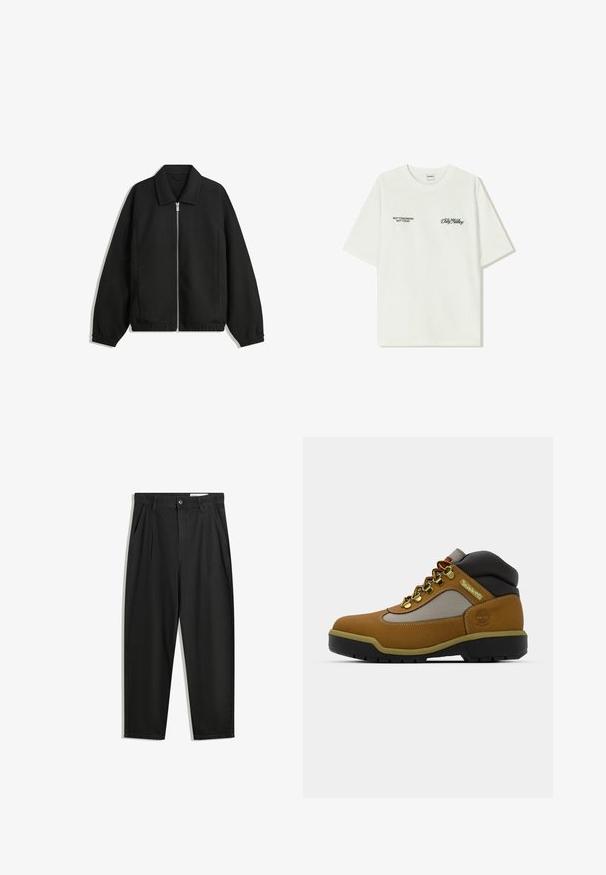 Černá bunda vyrobená z texturované látky, s plným předním zipem, límcem a elastickými manžetami, s volným střihem a bočními kapsami.; Bílý bavlněný tričko s krátkým rukávem. Na přední straně je černý text: "NE ZÍTRA, NE DNES" a "UMĚNÍ PRACOVÁNÍ S HLÍNOU" v zeleném písmu.; Černé bavlněné kalhoty s uvolněným střihem, klasickým pasem, předními záhyby a bočními kapsami. Hladká textura bez vzorů.; Hnědá turistická bota s šedými a černými akcenty, strukturovaný kožený svršek, kovové očko a odolná gumová podrážka pro dobrou trakci.