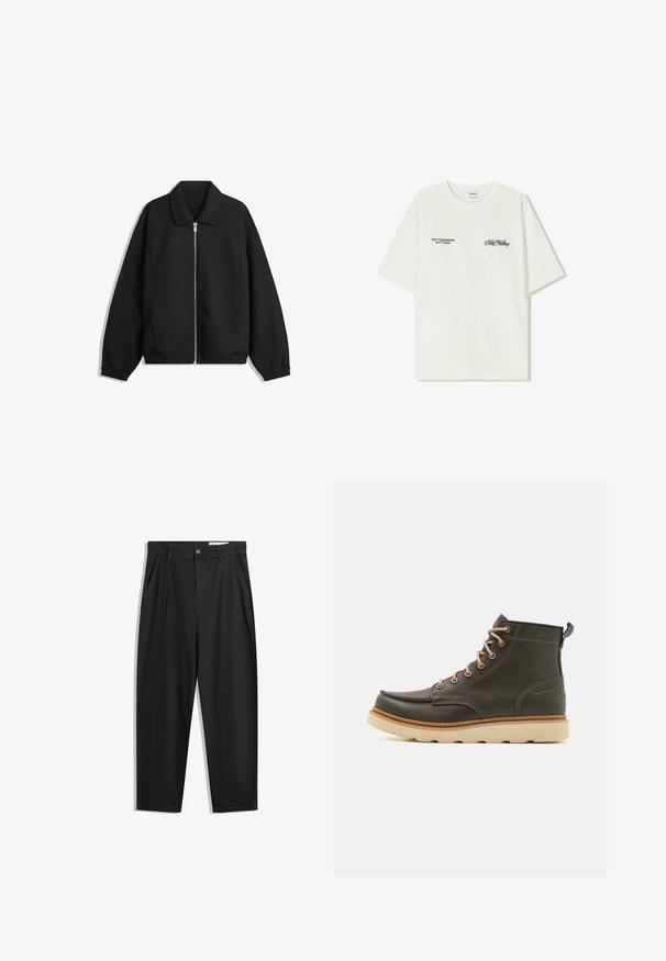 Černá bunda vyrobená z texturované látky, s plným předním zipem, límcem a elastickými manžetami, s volným střihem a bočními kapsami.; Bílý bavlněný tričko s krátkým rukávem. Na přední straně je černý text: "NE ZÍTRA, NE DNES" a "UMĚNÍ PRACOVÁNÍ S HLÍNOU" v zeleném písmu.; Černé bavlněné kalhoty s uvolněným střihem, klasickým pasem, předními záhyby a bočními kapsami. Hladká textura bez vzorů.; Tmavě zelené kožené kotníkové boty s béžovými tkaničkami, polstrovaným límcem a texturovanou gumovou podrážkou. Obsahují vodotěsné označení a detaily prošívání.