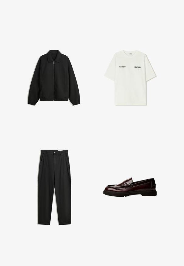 Schwarze Jacke aus strukturiertem Stoff, mit vollem Reißverschluss auf der Vorderseite, Kragen und elastischen Manschetten, im entspannten Schnitt und mit seitlichen Taschen.; Weißes Baumwoll-T-Shirt mit kurzen Ärmeln. Auf der Vorderseite befindet sich schwarzer Text: „NICHT MORGEN NICHT HEUTE“ und „DIE KUNST DES DIRT MOVING“ in grüner Schrift.; Schwarze Baumwollhose mit lockerem Schnitt, ausgestattet mit einem klassischen Bund, vorderen Falten und Seiten taschen. Glatte Textur ohne Muster.; Braune Leder Slipper mit abgerundetem Zeh, detaillierter Steppnaht und Gummisohle. Verfügt über einen dekorativen Riemen und eine glatte Textur.