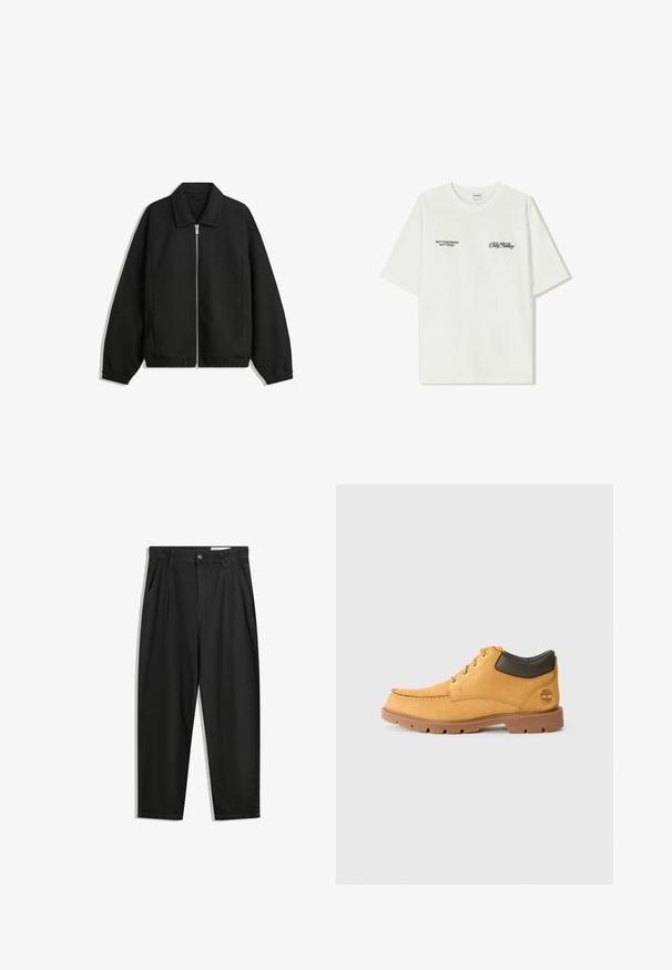 Fekete kabát texturált anyagból, teljes elöl cipzárral, gallérral és rugalmas mandzsettákkal, laza szabással és oldalsó zsebekkel.; Fehér pamut póló rövid ujjakkal. Az elején fekete szöveg található: "NEM HOLNAP NEM MA" és "A FÖLD BŰVÉSZETE" zöld írással.; Fekete pamut nadrág laza szabással, klasszikus derékrésszel, elülső hajtásokkal és oldalsó zsebekkel. Simább textúra minta nélkül.; Sárga bőr cipő barna gumitalppal, kerek orral és zöld bőr bokadísszel. Arany fűzőlyukakkal és varrási díszítésekkel rendelkezik.