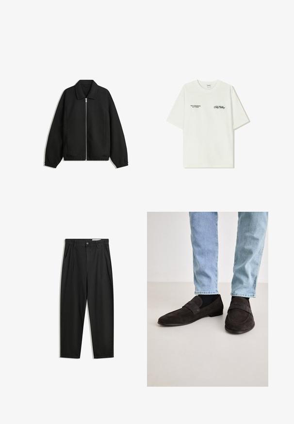 Črna jakna iz teksturirane tkanine, z dvostranskim zadrgo spredaj, ovratnikom in elastičnimi manšeti, sproščenega kroja in stranskimi žepi.; Bela bombažna majica s kratkimi rokavi. Na sprednji strani je črn napis: "NE JUTRI NE DANES" in "UMETNOST SVETOVANJA" v zeleni pisavi.; Črne bombažne hlače s sproščenim krojem, ki vključujejo klasičen pas, sprednje gube in stranske žepke. Gladka tekstura brez vzorcev.; Temno rjavi svinčeni čeveljci z ravnim podplatom in širokim trakom čez zgornji del. Nosijo se z svetlo modrimi kavbojkami in črnimi nogavicami.