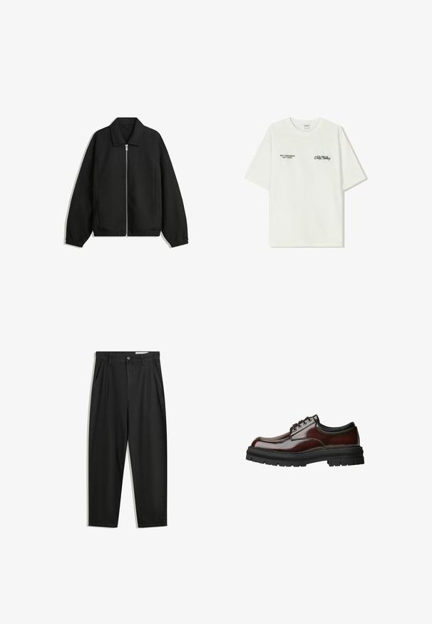 Jachetă neagră dintr-un material texturat, cu fermoar frontal complet, guler și manșete elastice, având o croială lejeră și buzunare laterale.; T-shirt alb din bumbac cu mâneci scurte. Partea din față prezintă text negru: "NU MÂINE NU ASTĂZI" și "ARTA DE A MUDUI" în script verde.; Pantaloni negri din bumbac cu croială lejeră, având un brâu clasic, plii frontale și buzunare laterale. Textură netedă fără modele.; Pantof de piele lăcuită, maro închis, cu șireturi, talpă groasă din cauciuc negru și guler moale negru, văzut din lateral pe un fundal alb.