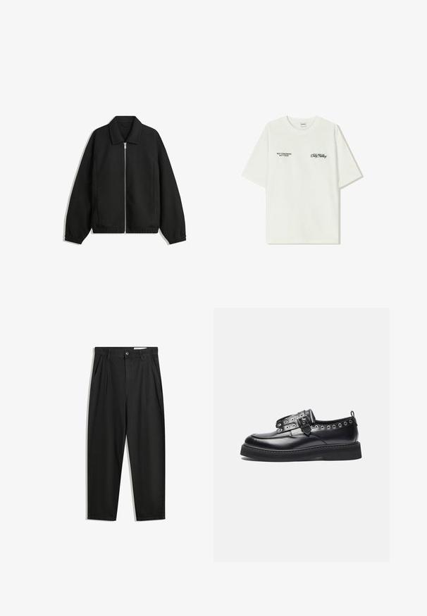 Svart jacka i strukturerad tyg, med full dragkedja framtill, krage och elastiska muddar, med en avslappnad passform och sidofickor.; Vit bomullströja med korta ärmar. Framsidan har svart text: "INTE IMORGON INTE IDAG" och "KONSTEN ATT FLYTTA JORD" i grön skrivstil.; Svarta bomullsshorts med avslappnad passform, med en klassisk midja, framveck och sidfickor. Slät textur utan mönster.; Svart lädersko med rundad tå, dekorativa snörningsdetaljer och ett rem med spänne, som har en tjock svart sula.