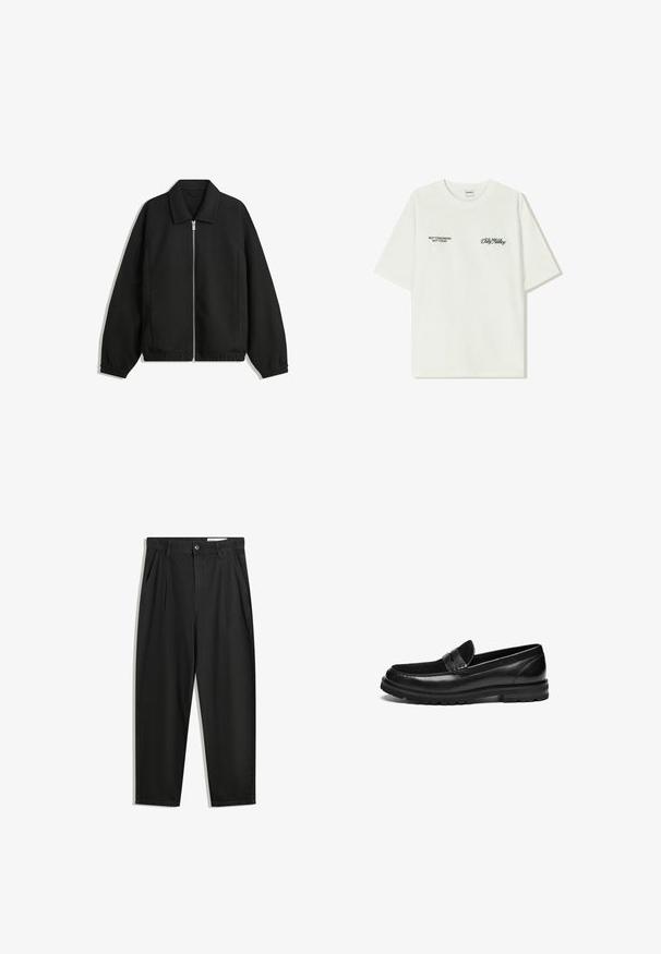 Zwarte jas van textuurstof, met een volledige rits aan de voorkant, een kraag, elastische manchetten, een ontspannen pasvorm en zijzakken.; Witte katoenen T-shirt met korte mouwen. Aan de voorkant staat in zwarte tekst: "NIET MORGEN NIET VANDAAG" en "DE KUNST VAN VUIL VERPLAATSEN" in groene cursieve letters.; Zwarte katoenen broeken met een losse pasvorm, voorzien van een klassieke tailleband, voorplooien en zijzakken. Gladde structuur zonder patronen.; Zwarte leren instappers met een gladde afwerking, voorzien van een gestructureerde suède accent op de voorkant en een robuust rubberen zoolontwerp.
