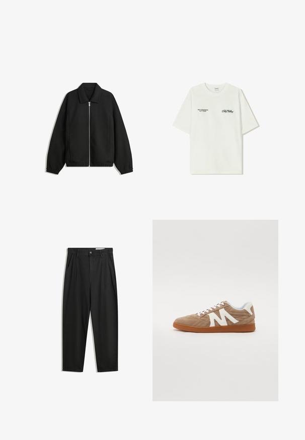 Črna jakna iz teksturirane tkanine, z dvostranskim zadrgo spredaj, ovratnikom in elastičnimi manšeti, sproščenega kroja in stranskimi žepi.; Bela bombažna majica s kratkimi rokavi. Na sprednji strani je črn napis: "NE JUTRI NE DANES" in "UMETNOST SVETOVANJA" v zeleni pisavi.; Črne bombažne hlače s sproščenim krojem, ki vključujejo klasičen pas, sprednje gube in stranske žepke. Gladka tekstura brez vzorcev.; Čevlji z vezalkami z zgornjim delom iz rjavega semiša, belimi tekstilnimi detajli, prešito zasnovo in rjavim gumijastim podplatom. Ponaša se z izpostavljenim logotipom "M".