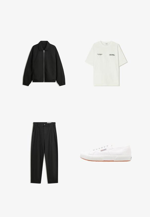 Giacca nera in tessuto texturizzato, con zip frontale a tutta lunghezza, colletto e polsini elasticizzati, dalla vestibilità rilassata e con tasche laterali.; T-shirt bianco in cotone con maniche corte. La parte anteriore presenta testo nero: "NON DOMANI NON OGGI" e "L'ARTE DEL MUOVERE LA POLVERE" in corsivo verde.; Pantaloni in cotone neri con una vestibilità rilassata, dotati di una vita classica, pieghe frontali e tasche laterali. Tessuto liscio senza fantasie.; Sneakers bianchi in tela con suola in gomma, design con lacci e una piccola etichetta con logo sul lato. Parte superiore testurizzata bianca e suola marrone.