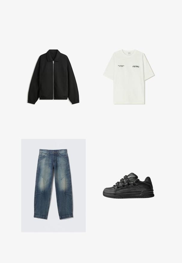 Giacca nera in tessuto texturizzato, con zip frontale a tutta lunghezza, colletto e polsini elasticizzati, dalla vestibilità rilassata e con tasche laterali.; T-shirt bianco in cotone con maniche corte. La parte anteriore presenta testo nero: "NON DOMANI NON OGGI" e "L'ARTE DEL MUOVERE LA POLVERE" in corsivo verde.; Jeans in denim blu di colore sbiadito con tasche anteriori, passanti per cintura e cuciture decorative sulle cosce e sulle ginocchia, posati in piano su uno sfondo bianco.; Sneaker nere con una toma in pelle liscia, dettagli testurizzati e lacci tondi neri e bianchi. Suola spessa in gomma con battistrada gommato.