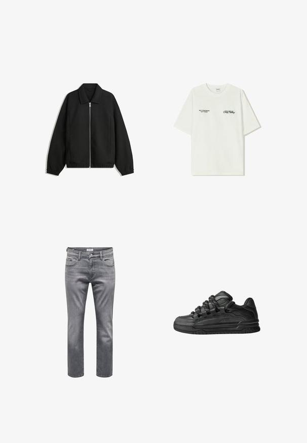 Sort jakke lavet af struktureret stof, med fuld frontlynlås, krave og elastiske mansjetter, i en afslappet pasform og sidelommer.; Hvid bomulds t-shirt med korte ærmer. Forsiden har sort tekst: "IKKE I MORGEN IKKE I DAG" og "KUNSTEN AT FLYTTE DIRT" i grøn skrift.; Grå denimjeans med et klassisk fem-lomme-design, lynlåsgylf og lige ben. Stoffet har en subtil tekstur og let fading.; Sorte sneakers med en glat læderoverdel, teksturerede accenter og runde sorte og hvide snørebånd. Tyk gummisål med et mønstret slidbanemønster.