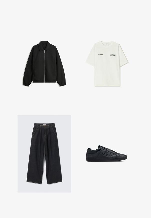 Giacca nera in tessuto texturizzato, con zip frontale a tutta lunghezza, colletto e polsini elasticizzati, dalla vestibilità rilassata e con tasche laterali.; T-shirt bianco in cotone con maniche corte. La parte anteriore presenta testo nero: "NON DOMANI NON OGGI" e "L'ARTE DEL MUOVERE LA POLVERE" in corsivo verde.; Jeans ampi di colore blu scuro con pieghe anteriori, tasche inclinate, passanti per cintura e chiusura con bottone in vita etichettata "WEEKDAY."; Sneaker neri a basse con tomaia in pelle liscia e suola in gomma testurizzata, dotati di lacci tondi e logo a stella sul lato.