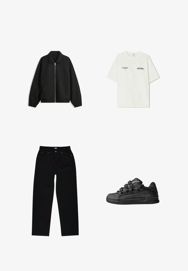 Črna jakna iz teksturirane tkanine, z dvostranskim zadrgo spredaj, ovratnikom in elastičnimi manšeti, sproščenega kroja in stranskimi žepi.; Bela bombažna majica s kratkimi rokavi. Na sprednji strani je črn napis: "NE JUTRI NE DANES" in "UMETNOST SVETOVANJA" v zeleni pisavi.; Črne kavbojke iz denima s ravnim krojem, ki imajo pet žepov, rjavo šivanje in zadrgo za zapiranje. Gladka tekstura in trpežen material.; Črne superge z gladkim usnjenim zgornjim delom, teksturiranimi detajli in okroglimi črnimi ter belimi vezalkami. Debel gumijast podplat z vzorčastim profilom.