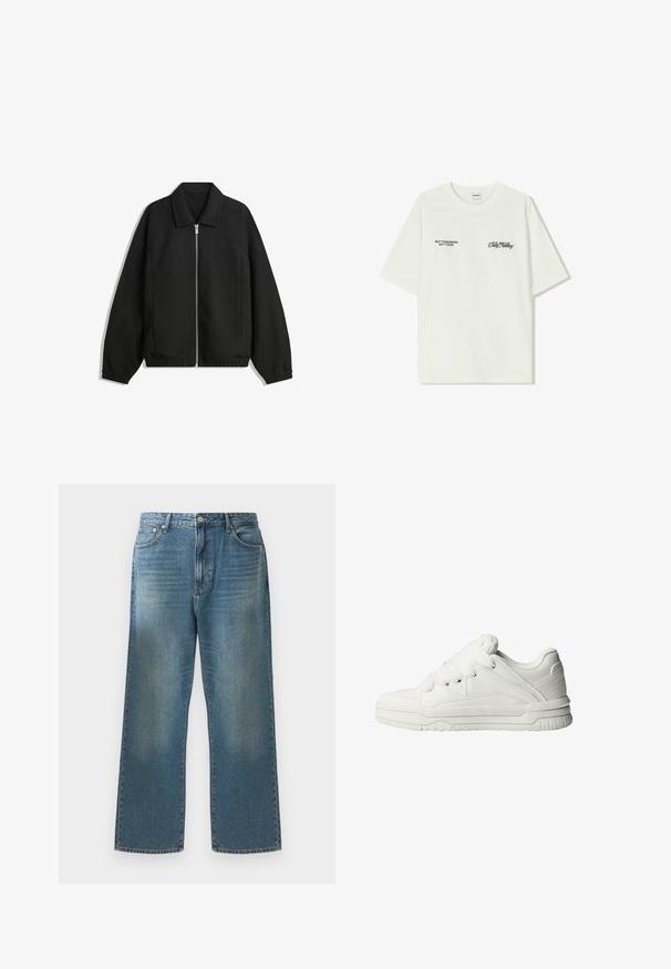 Črna jakna iz teksturirane tkanine, z dvostranskim zadrgo spredaj, ovratnikom in elastičnimi manšeti, sproščenega kroja in stranskimi žepi.; Bela bombažna majica s kratkimi rokavi. Na sprednji strani je črn napis: "NE JUTRI NE DANES" in "UMETNOST SVETOVANJA" v zeleni pisavi.; Modre kavbojke širokega kroja, z bledim pranjem, klasičnim petim žepnim dizajnom in kovinskim gumbom za zapiranje v pasu.; Bele teneške z gladkim usnjenim zunanjim delom, oblazinjenim jezikom, ravnimi vezalkami ter teksturiranimi detajli na straneh in peti.