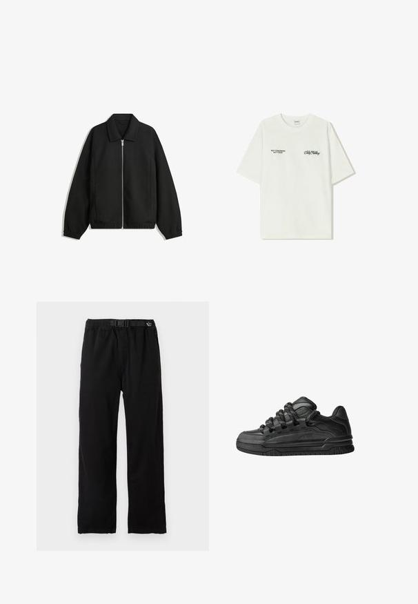 Sort jakke lavet af struktureret stof, med fuld frontlynlås, krave og elastiske mansjetter, i en afslappet pasform og sidelommer.; Hvid bomulds t-shirt med korte ærmer. Forsiden har sort tekst: "IKKE I MORGEN IKKE I DAG" og "KUNSTEN AT FLYTTE DIRT" i grøn skrift.; Sorte, letvægtsbukser med elastisk talje og justerbart bælte, der har et lige ben design og en glat tekstur.; Sorte sneakers med en glat læderoverdel, teksturerede accenter og runde sorte og hvide snørebånd. Tyk gummisål med et mønstret slidbanemønster.