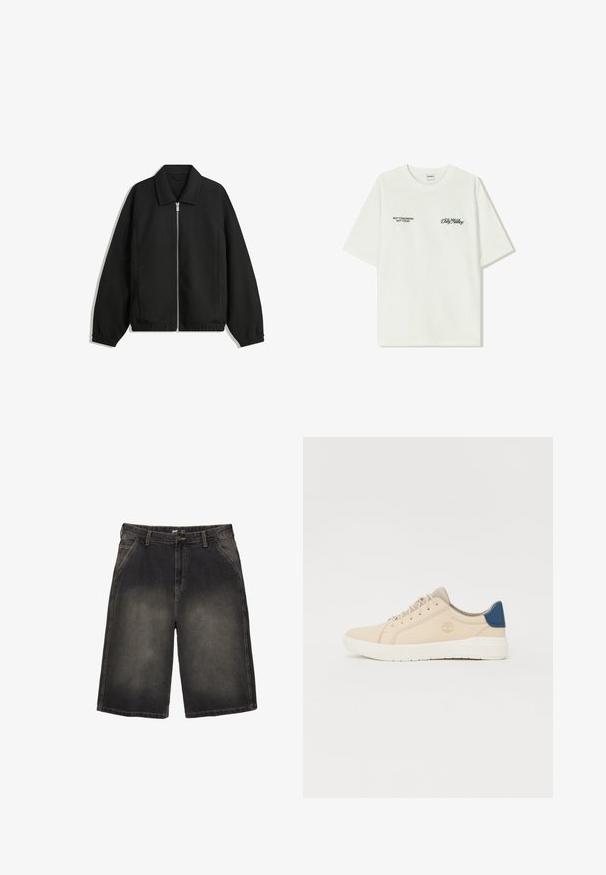 Giacca nera in tessuto texturizzato, con zip frontale a tutta lunghezza, colletto e polsini elasticizzati, dalla vestibilità rilassata e con tasche laterali.; T-shirt bianco in cotone con maniche corte. La parte anteriore presenta testo nero: "NON DOMANI NON OGGI" e "L'ARTE DEL MUOVERE LA POLVERE" in corsivo verde.; Shorts in denim di un grigio scuro, con cinque tasche, passanti per cintura e cuciture a contrasto. Il tessuto mostra una leggera scoloritura.; Sneakers beige in suede, con suola bianca, lacci beige e un dettaglio blu sul tallone. Logo impresso di lato.