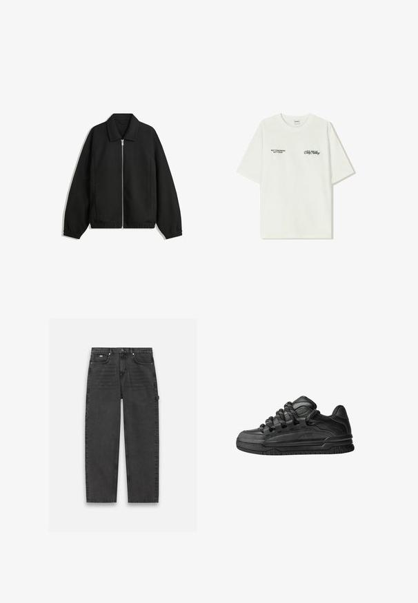 Crna jakna izrađena od teksturirane tkanine, s punim prednjim zatvaračem, ovratnikom i elastičnim manžetama, opuštenog kroja i bočnim džepovima.; Bijela pamučna majica kratkih rukava. Na prednjem dijelu nalazi se crni natpis: "NE SJUTRA NE DANAS" i "UMJETNOST KRETANJA PRAHOM" na zelenoj boji.; Tamno sivi traperice ravnog kroja, pet džepova, s vidljivim dugmetom i zatvaračem. Sadrže minimalne detalje.; Crne tenisice s glatkom kožnom gornjom površinom, teksturiranim detaljima i okruglim crnim i bijelim vezicama. Debeli gumeni potplat s uzorkom.