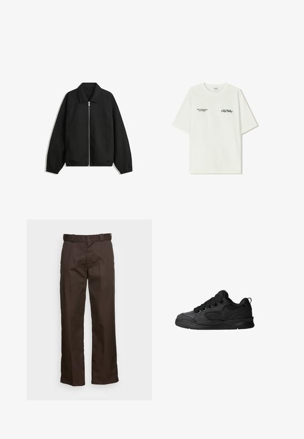 Veste noire en tissu texturé, dotée d'une fermeture éclair sur toute la longueur, d'un col et de poignets élastiques avec une coupe décontractée et des poches latérales.; T-shirt en coton blanc à manches courtes. Le devant présente un texte noir : « PAS DEMAIN PAS AUJOURD'HUI » et « L'ART DU DIRT NOVING » en écriture verte.; Pantalon marron à coupe droite, avec un devant plat, des passants de ceinture et une texture lisse. Design simple sans motifs ni accents.; Baskets noires avec une tige texturée, dotées de lacets, d'accents en mesh pour la respirabilité, d'un col rembourré et d'une semelle extérieure robuste.