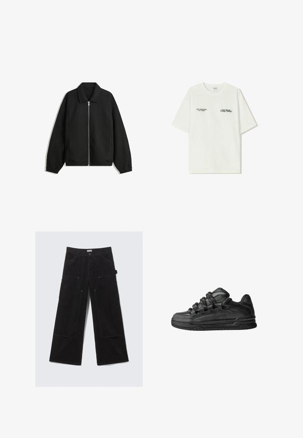Schwarze Jacke aus strukturiertem Stoff, mit vollem Reißverschluss auf der Vorderseite, Kragen und elastischen Manschetten, im entspannten Schnitt und mit seitlichen Taschen.; Weißes Baumwoll-T-Shirt mit kurzen Ärmeln. Auf der Vorderseite befindet sich schwarzer Text: „NICHT MORGEN NICHT HEUTE“ und „DIE KUNST DES DIRT MOVING“ in grüner Schrift.; Schwarze weite Cordhosen mit großen vorderen Taschen und Gürtelschlaufen, ausgestattet mit einem Knopf- und Reißverschluss.; Schwarze Sneakers mit einem glatten Leder-Obermaterial, strukturierten Akzenten und runden schwarz-weißen Schnürsenkeln. Dicke Gummisohle mit einem gemusterten Profil.
