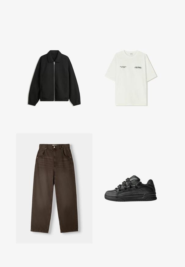 Črna jakna iz teksturirane tkanine, z dvostranskim zadrgo spredaj, ovratnikom in elastičnimi manšeti, sproščenega kroja in stranskimi žepi.; Bela bombažna majica s kratkimi rokavi. Na sprednji strani je črn napis: "NE JUTRI NE DANES" in "UMETNOST SVETOVANJA" v zeleni pisavi.; Rjave, hlače z visokim pasom iz denima, z dvema sprednjima žepoma, z gumbom za zapiranje in ravnim krojem. Gladek material.; Črne superge z gladkim usnjenim zgornjim delom, teksturiranimi detajli in okroglimi črnimi ter belimi vezalkami. Debel gumijast podplat z vzorčastim profilom.