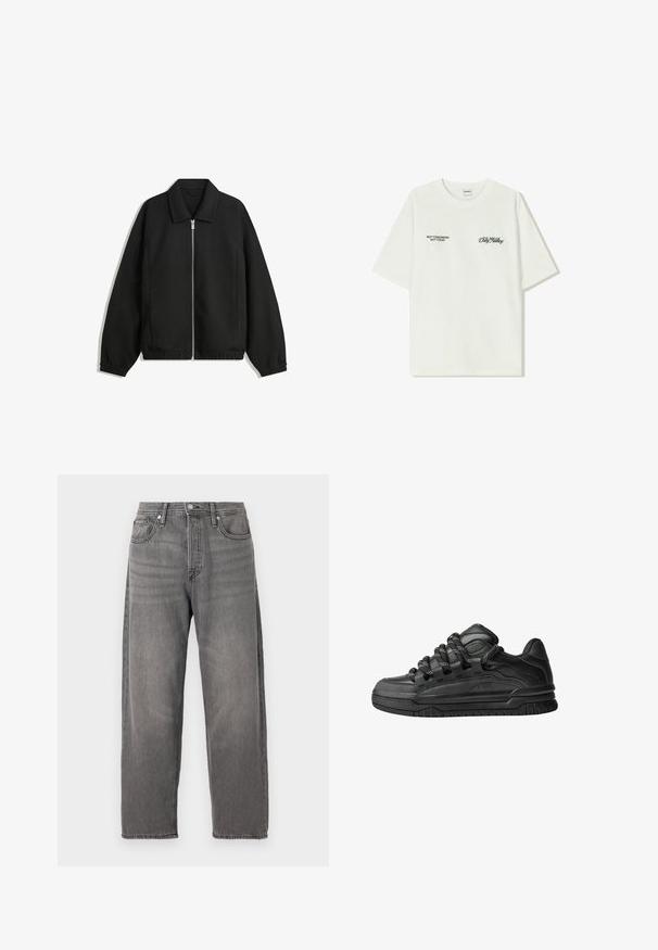 Musta takki, joka on valmistettu teksturoidusta kankaasta ja jossa on koko etuvetoketju, kaulus ja joustavat hihansuut. Takissa on rento istuvuus ja sivutaskut.; Valkoinen puuvillainen t-paita lyhyillä hihoilla. Edessä mustaa tekstiä: "EI HUOMENNA EI TÄNÄÄN" ja "MAAN TAITEILU" vihreällä käsialalla.; Harmaat farkut löysällä leikkauksella, suorat lahkeet, viisi taskua ja metallinen nappikiinnitys. Sisältää haalistuneen pinnan ja hillittyä ommelta.; Mustat tennarit, joissa on sileä nahkapinta, teksturoituja yksityiskohtia ja pyöreät musta-valkoiset nauhat. Paksu kumipohja, jossa on kuvioitu pinta.