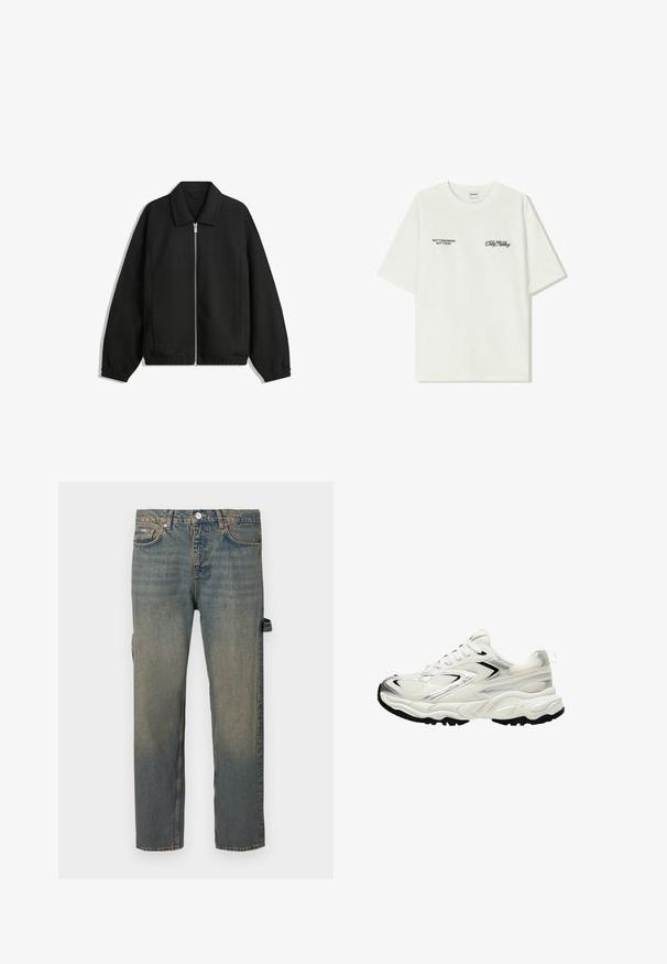 Veste noire en tissu texturé, dotée d'une fermeture éclair sur toute la longueur, d'un col et de poignets élastiques avec une coupe décontractée et des poches latérales.; T-shirt en coton blanc à manches courtes. Le devant présente un texte noir : « PAS DEMAIN PAS AUJOURD'HUI » et « L'ART DU DIRT NOVING » en écriture verte.; Jean en denim bleu clair avec un effet usé, coupe droite, cinq poches et passants de ceinture. Présente un détail de sangle sur le côté.; Baskets blanches avec un dessus en maille, accents argentés, semelle noire et panneaux texturés. Présente un design à lacets et une forme de bout arrondi.