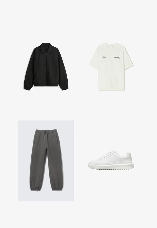 Black jacket made of textured fabric, featuring a full front zip, collar, and elastic cuffs with a relaxed fit and side pockets.; White cotton t-shirt with short sleeves. Front features black text: “NOT TOMORROW NOT TODAY” and “THE ART OF DIRT NOVING” in green script.; Gray sweatpants made of soft fabric, featuring a drawstring waistband, elastic cuffs, and side pockets. Straight-leg design.; White sneaker with a smooth synthetic upper, round toe, flat laces, textured sole, and a layered, platform design for added height.