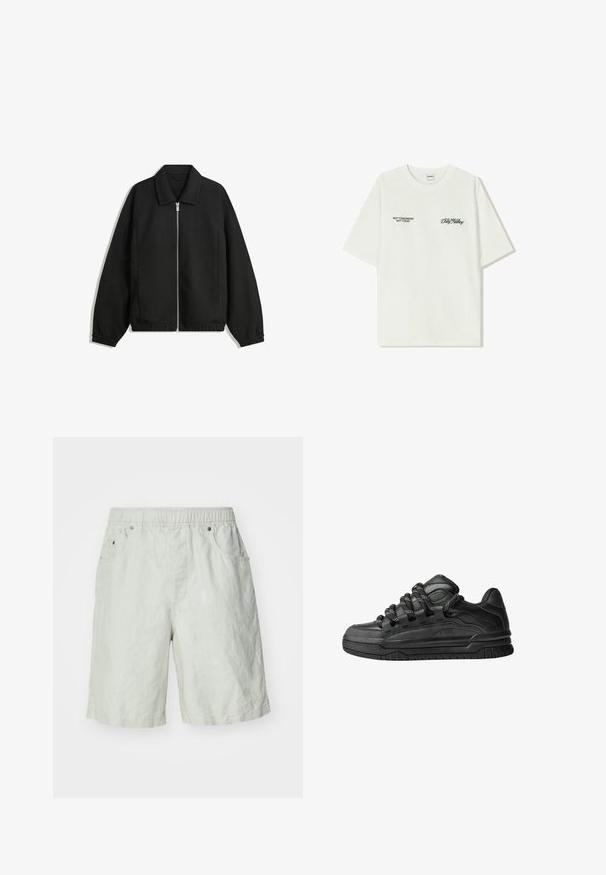 Musta takki, joka on valmistettu teksturoidusta kankaasta ja jossa on koko etuvetoketju, kaulus ja joustavat hihansuut. Takissa on rento istuvuus ja sivutaskut.; Valkoinen puuvillainen t-paita lyhyillä hihoilla. Edessä mustaa tekstiä: "EI HUOMENNA EI TÄNÄÄN" ja "MAAN TAITEILU" vihreällä käsialalla.; Harmaat lyhyet housut, jotka on valmistettu tekstuuripinnoitteisesta kankaasta. Niissä on joustava vyötärö, kaksi sivutaskua ja rento istuvuus.; Mustat tennarit, joissa on sileä nahkapinta, teksturoituja yksityiskohtia ja pyöreät musta-valkoiset nauhat. Paksu kumipohja, jossa on kuvioitu pinta.