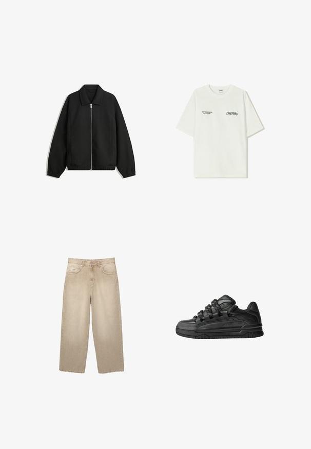 Czarna kurtka z teksturowanej tkaniny, z pełnym zamkiem z przodu, kołnierzem i elastycznymi mankietami, o luźnym kroju i kieszeniach po bokach.; Biała bawełniana koszulka z krótkim rękawem. Z przodu znajduje się czarny napis: „NIE JUTRO, NIE DZIŚ” oraz „SZTUKA RUCHU BRUDU” w zielonym skrypcie.; Beżowe dżinsy typu wide-leg z wysokim stanem, z postrzępionym dołem, dwoma przednimi kieszeniami oraz subtelnymi detalami w szwie.; Czarne sneakersy z gładką skórzaną cholewką, teksturowanymi akcentami i okrągłymi czarno-białymi sznurowadłami. Gruba gumowa podeszwa z wzorzystym bieżnikiem.