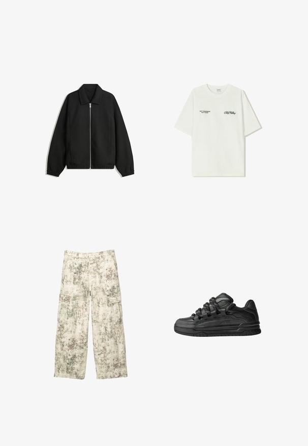 Čierna bunda vyrobená z textúrovaného materiálu, s plným predným zipsom, golierom a elastickými manžetami, so voľnejším strihom a bočnými vreckami.; Biela bavlnená tričko s krátkymi rukávmi. Na prednej časti je čierny text: "NIE ZAJTRA NIE DNES" a "UMENIE HLINENIA" v zelenej skripte.; Voľné cargo nohavice so splatter maskáčovým vzorom v béžovej, zelenej a hnedej farbe a s vreckami na stehnách.; Čierne tenisky s hladkým koženým zvrškom, štruktúrovanými akcentami a okrúhlymi čierno-bielymi šnúrkami. Hrubá gumená podrážka s vzorovaným dezénom.