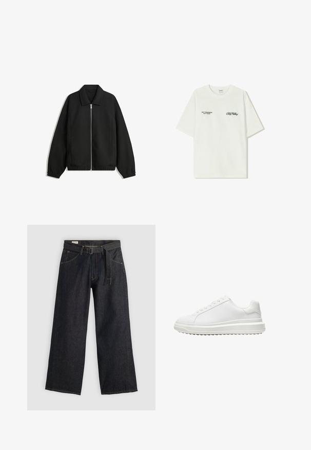 Musta takki, joka on valmistettu teksturoidusta kankaasta ja jossa on koko etuvetoketju, kaulus ja joustavat hihansuut. Takissa on rento istuvuus ja sivutaskut.; Valkoinen puuvillainen t-paita lyhyillä hihoilla. Edessä mustaa tekstiä: "EI HUOMENNA EI TÄNÄÄN" ja "MAAN TAITEILU" vihreällä käsialalla.; Tummat farkku leveälahkeiset housut, joissa on vyönsolki vyötäröllä, etutaskut ja kontrastivärinen ommel. Sileä pinta ja siisti muotoilu.; Valkoiset kengät, joissa on sileä synteettinen päällinen, pyöreä kärki, litteät nauhat, kuvioitu pohja ja kerroksellinen, platform-mallinen muotoilu lisäkorotusta varten.