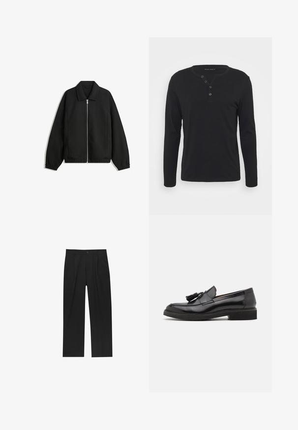 Giacca nera in tessuto texturizzato, con zip frontale a tutta lunghezza, colletto e polsini elasticizzati, dalla vestibilità rilassata e con tasche laterali.; Maglietta nera a maniche lunghe tipo henley, realizzata in tessuto morbido, con patta bottonata, scollatura rotonda e maniche aderenti.; Pantaloni neri con un design a gamba dritta, realizzati in un tessuto liscio. Presentano pieghe frontali e una chiusura a un bottone in vita.; Mocassini neri in pelle con dettagli a nappina, punta arrotondata e suola texturizzata. Presentano una finitura liscia e un design minimalista.